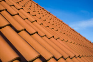 A close-up image of a barrel tile roof.