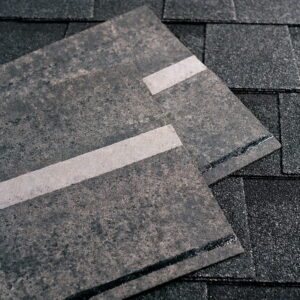 Close-up view of asphalt roofing shingles
