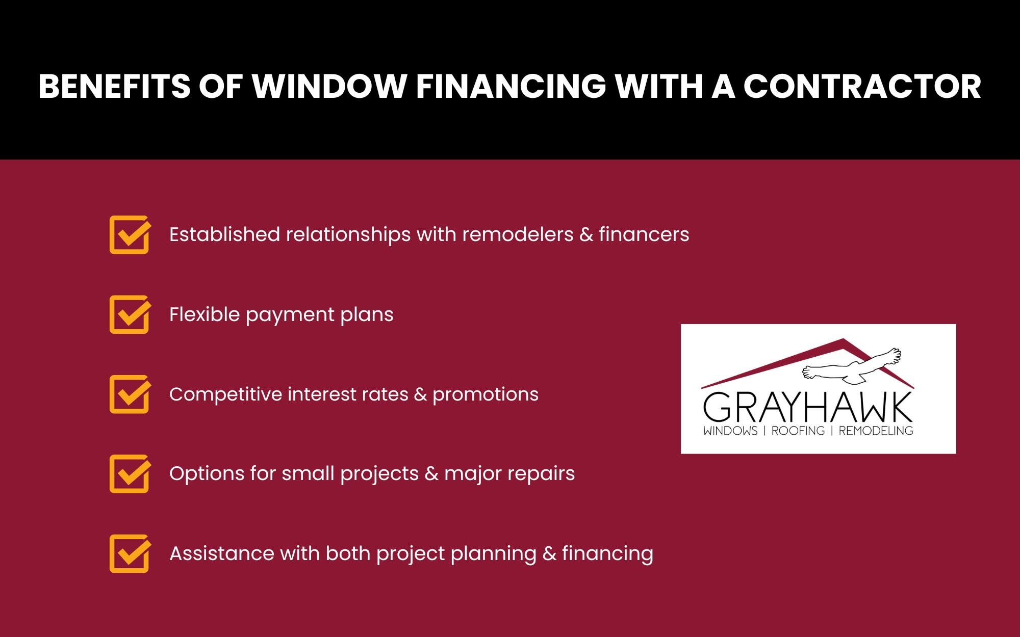 Infographic listing benefits of window financing with a contractor: established relationships with remodelers & financers, flexible payment plans, competitive interest rates & promotions, options for small projects & major repairs, assistance with both project planning & financing.